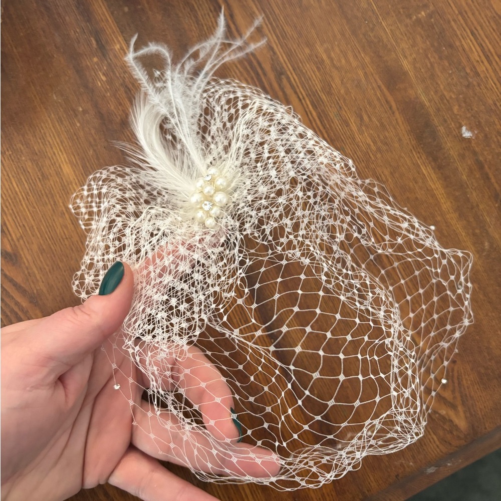 White Mesh Fascinator with Feather Embellishments